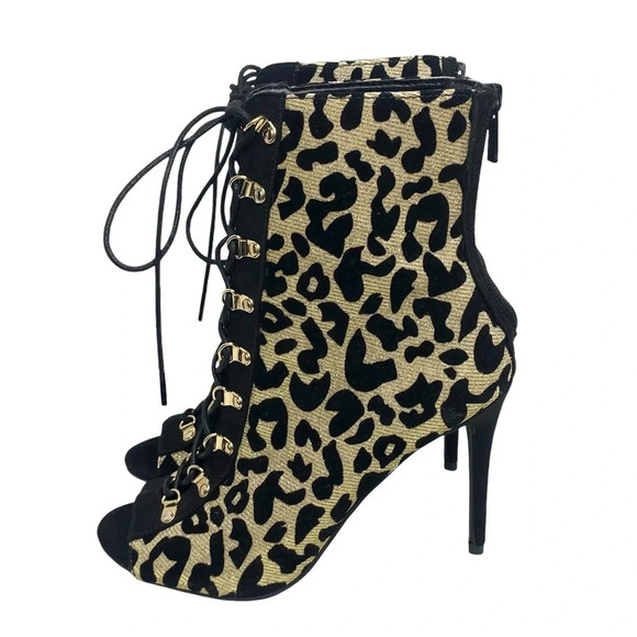 Anne Michelle Metallic Gold & Black Stiletto Heel Ankle Booties Lace Up Peep Toe - Picture 3 of 14